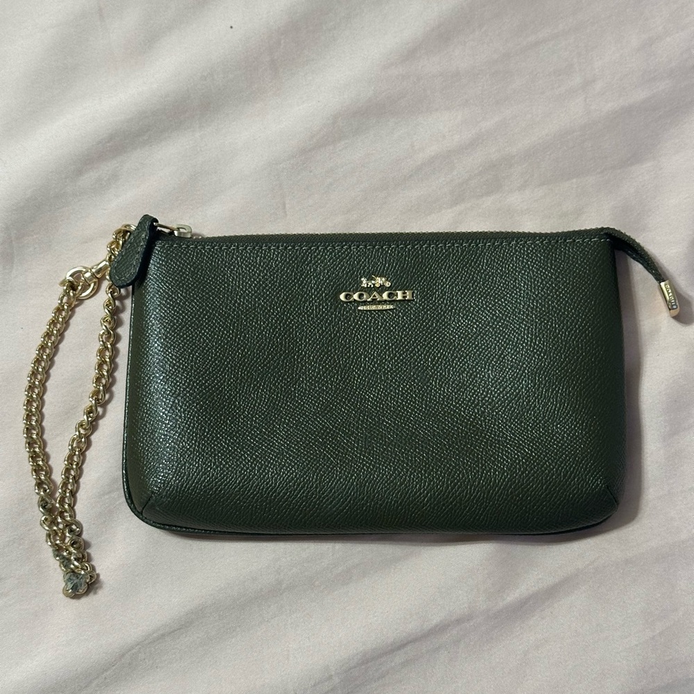 Coach Dark Green Leather Wristlet with Gold Chain Strap